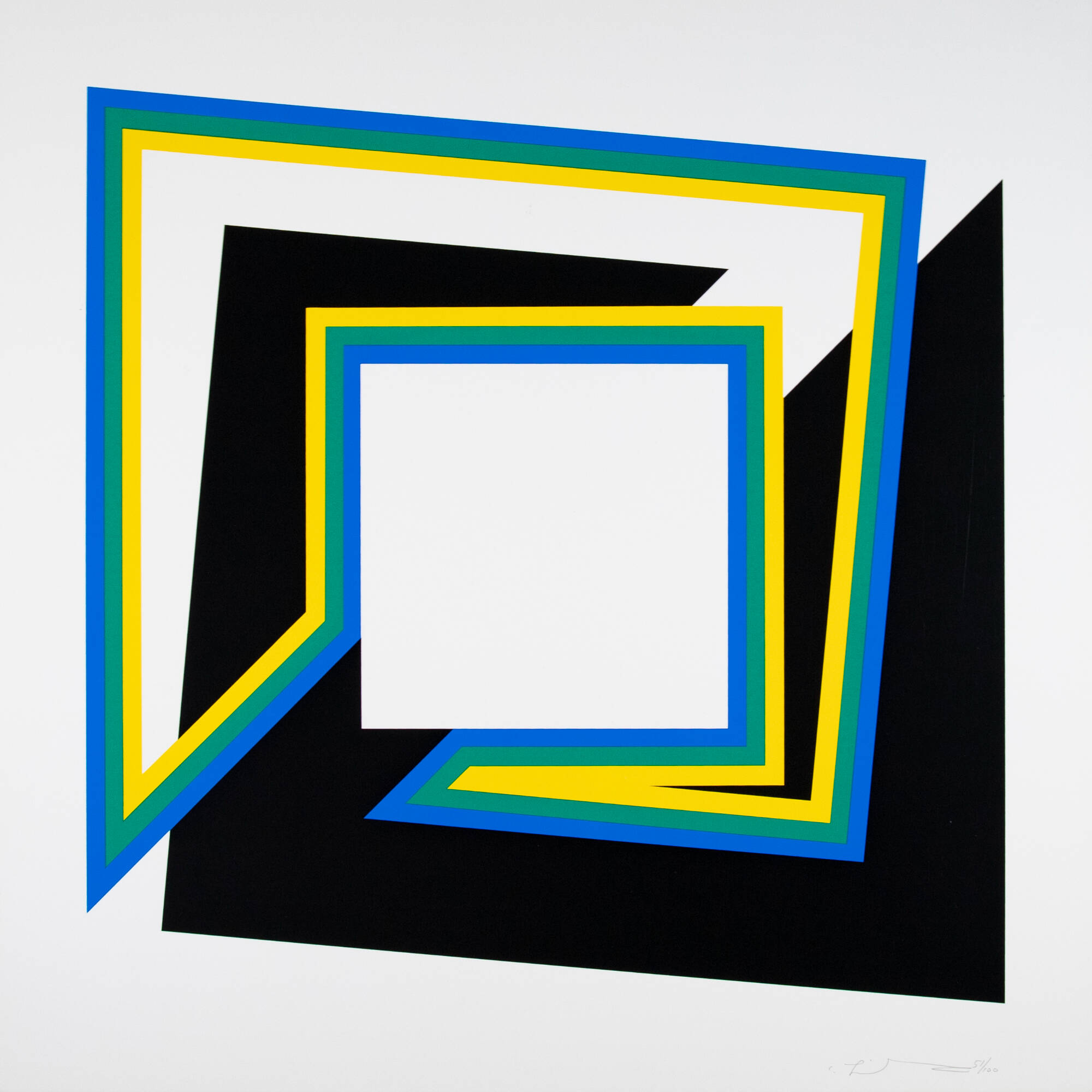 Black, blue green, yellow, white square in the middle.